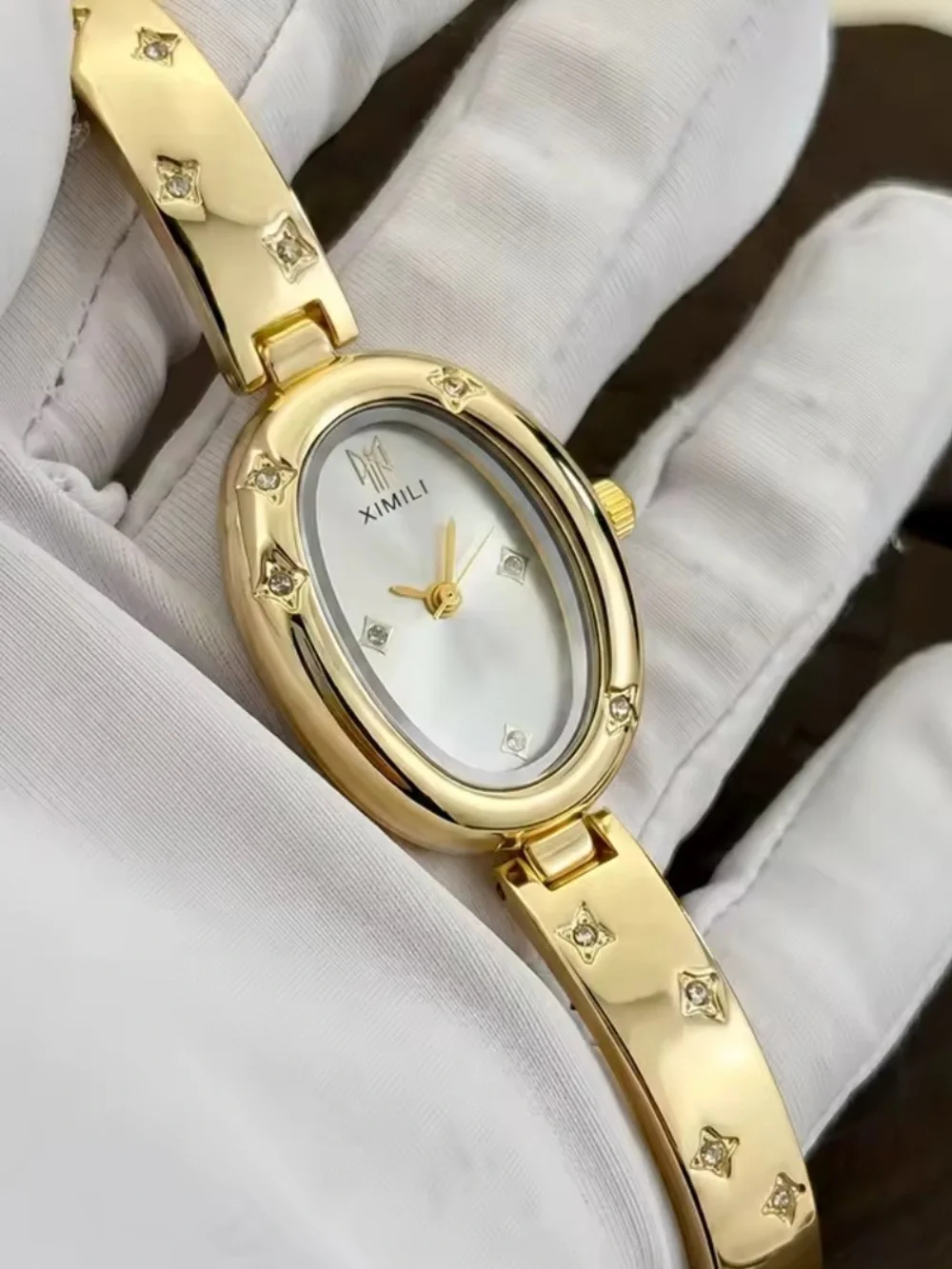 Anthropologie Gold-Tone Oval Bracelet Watch with Crystal Accents